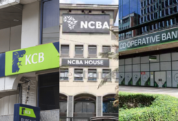 A photo collage of KCB Bank, Cooperative Bank and NCBA Bank.